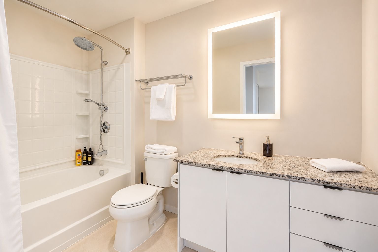 A modern bathroom with a shower, toilet, vanity, and a mirror.