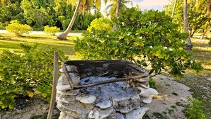Ein Stein-Barbecue-Grill in einem Garten mit üppiger Vegetation und Palmen.