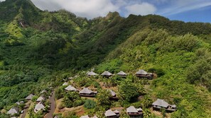 A hillside resort with thatched-roof cottages, lush greenery, and a winding road. - Moorea - Villa Ana Mua (Moorea-Maiao)