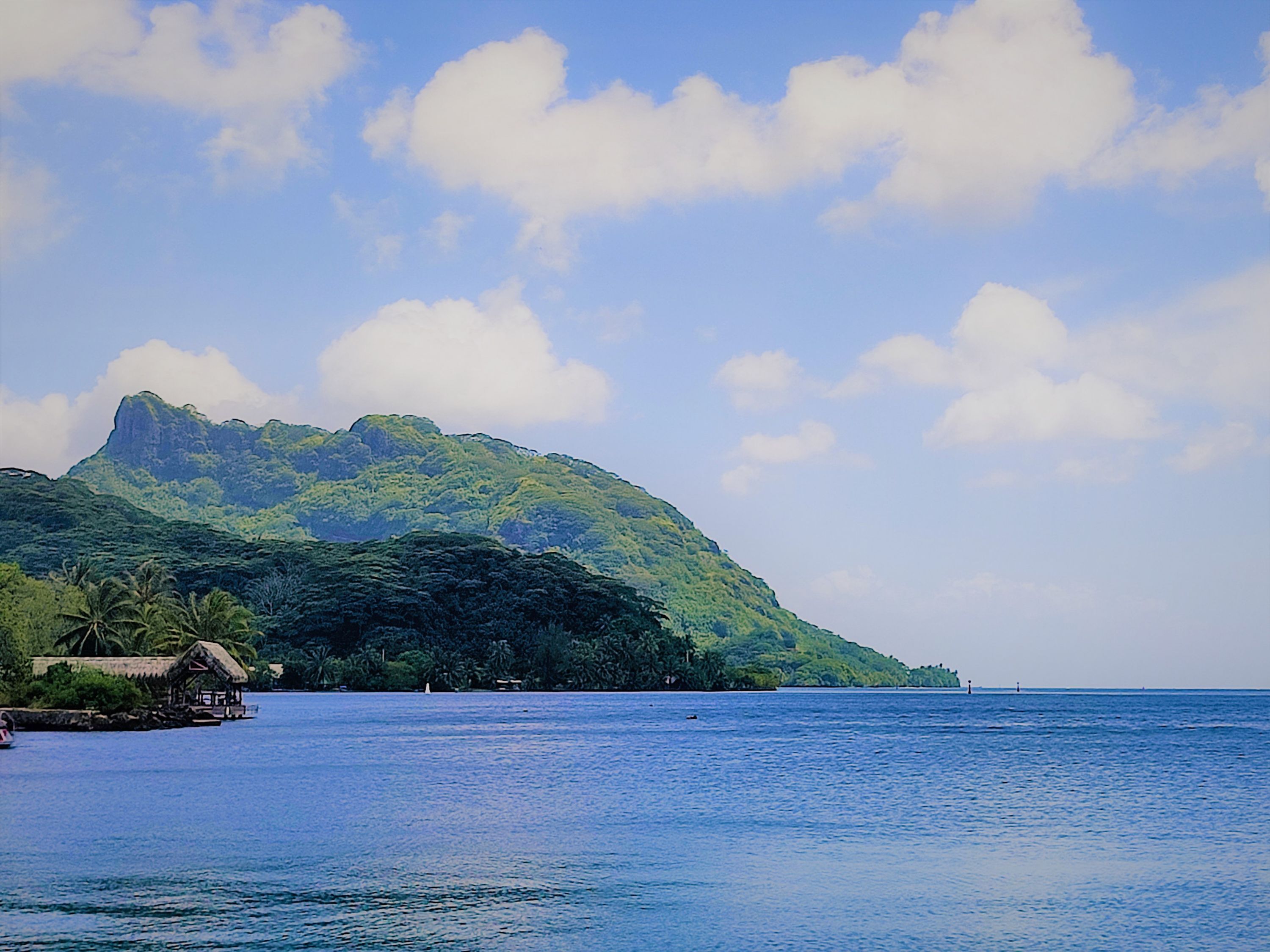 Una isla tropical con una montaña, cielo azul despejado y mar tranquilo.