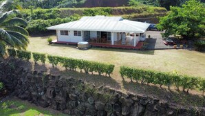 Una casa con porche cubierto, muro de piedra y viñedo.