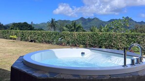 Un jacuzzi en un entorno al aire libre con vistas despejadas a montañas y cielo azul.