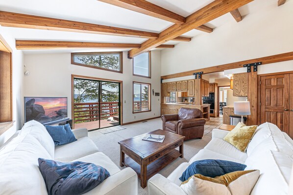 Smart TV, fireplace, books, computer monitors