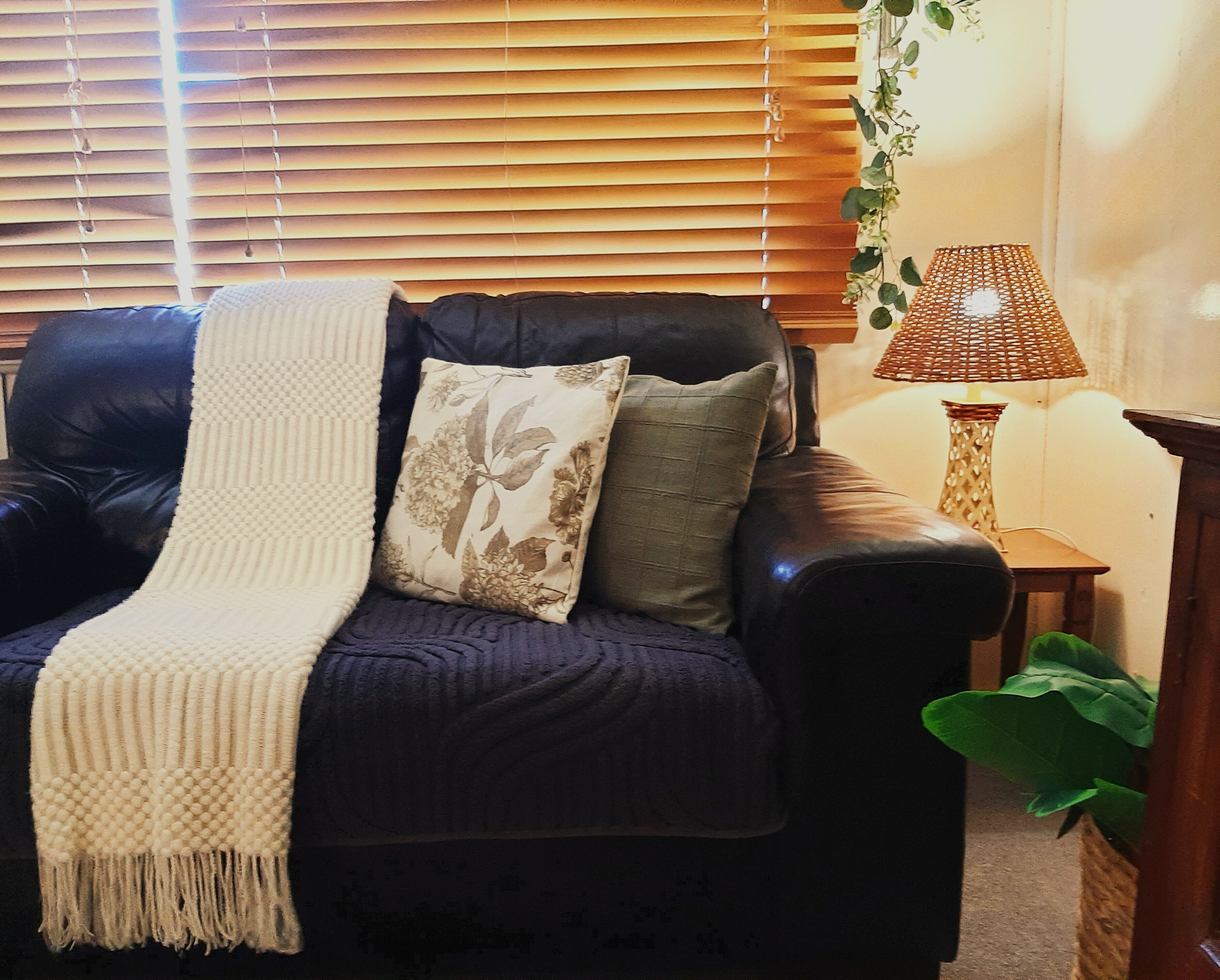 Un canapé de couleur sombre, agrémenté d’un plaid blanc et de coussins à motifs, une petite table sur laquelle repose une lampe en osier, et une plante verte.