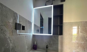 Shower, towels, soap, toilet paper