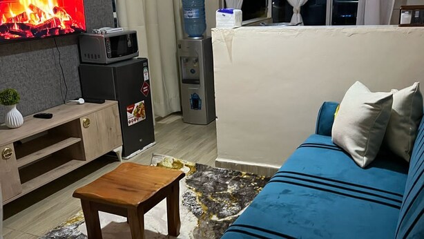 En stue med en blå sofa, et træsofabord, et fladskærms-tv der viser et bål, en vanddispenser og en lille plante.