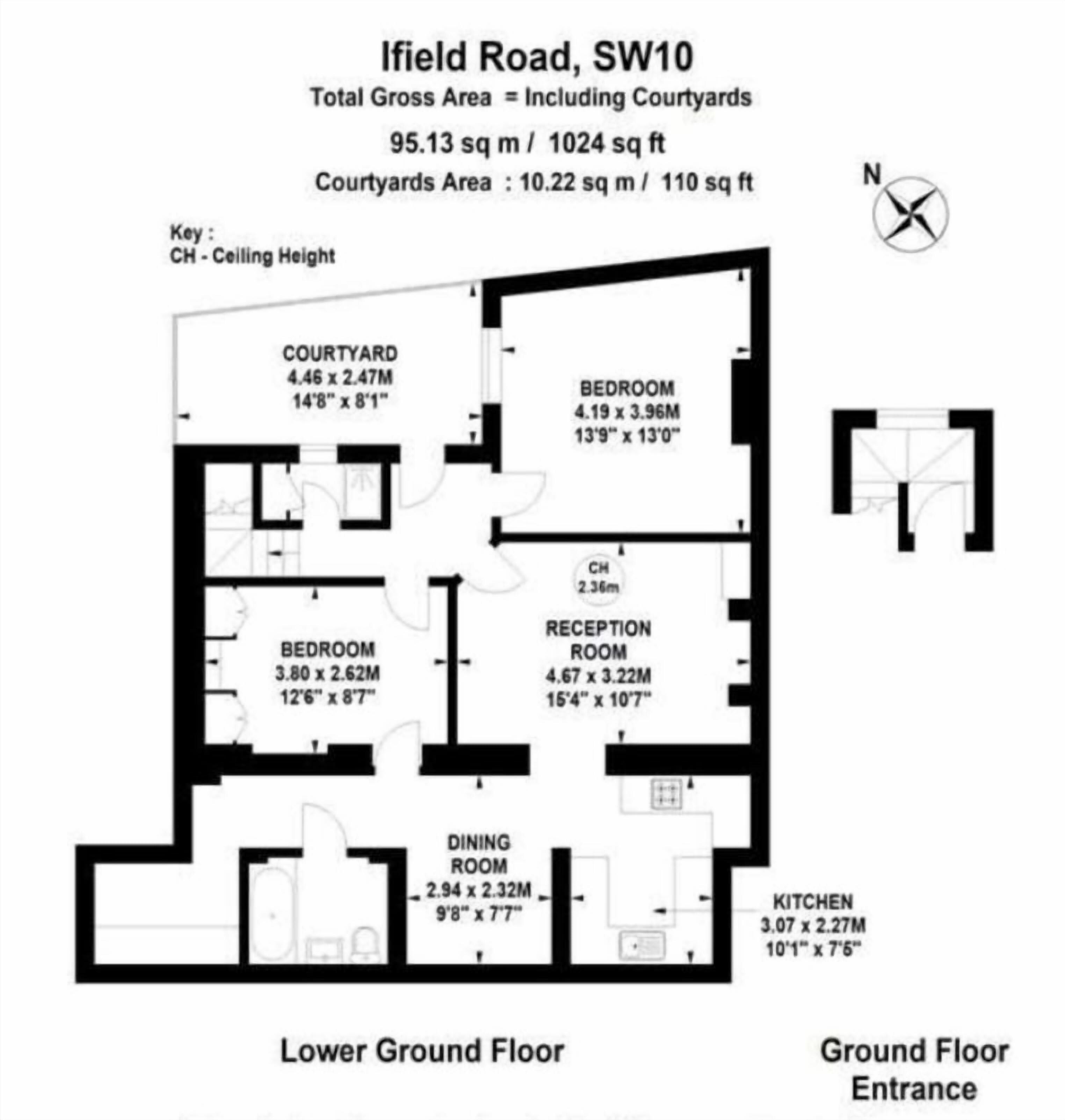Planta baixa de um hotel na Ifield Road, SW10, mostrando um pátio, quartos, sala de recepção, sala de jantar e cozinha.