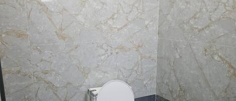 A bathroom with a toilet, marble walls, and a black marble floor.