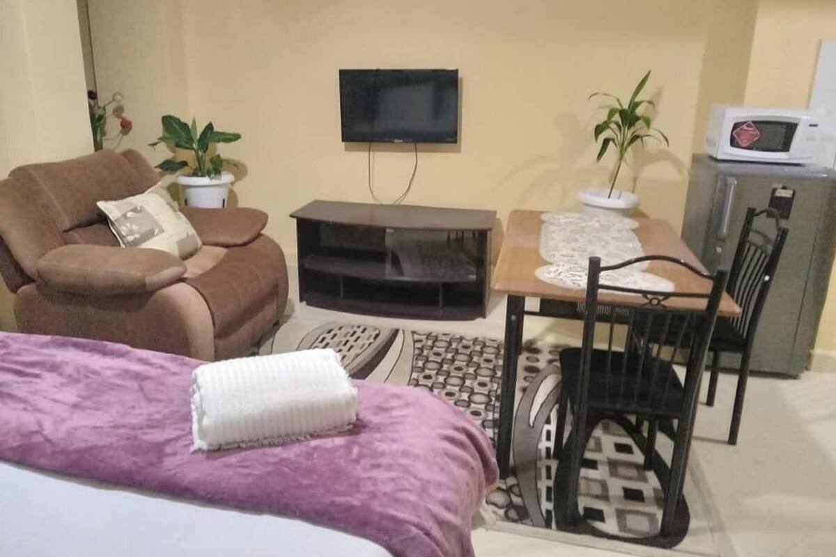 Una habitación con cama, sofá, televisión, mesa con sillas y microondas.