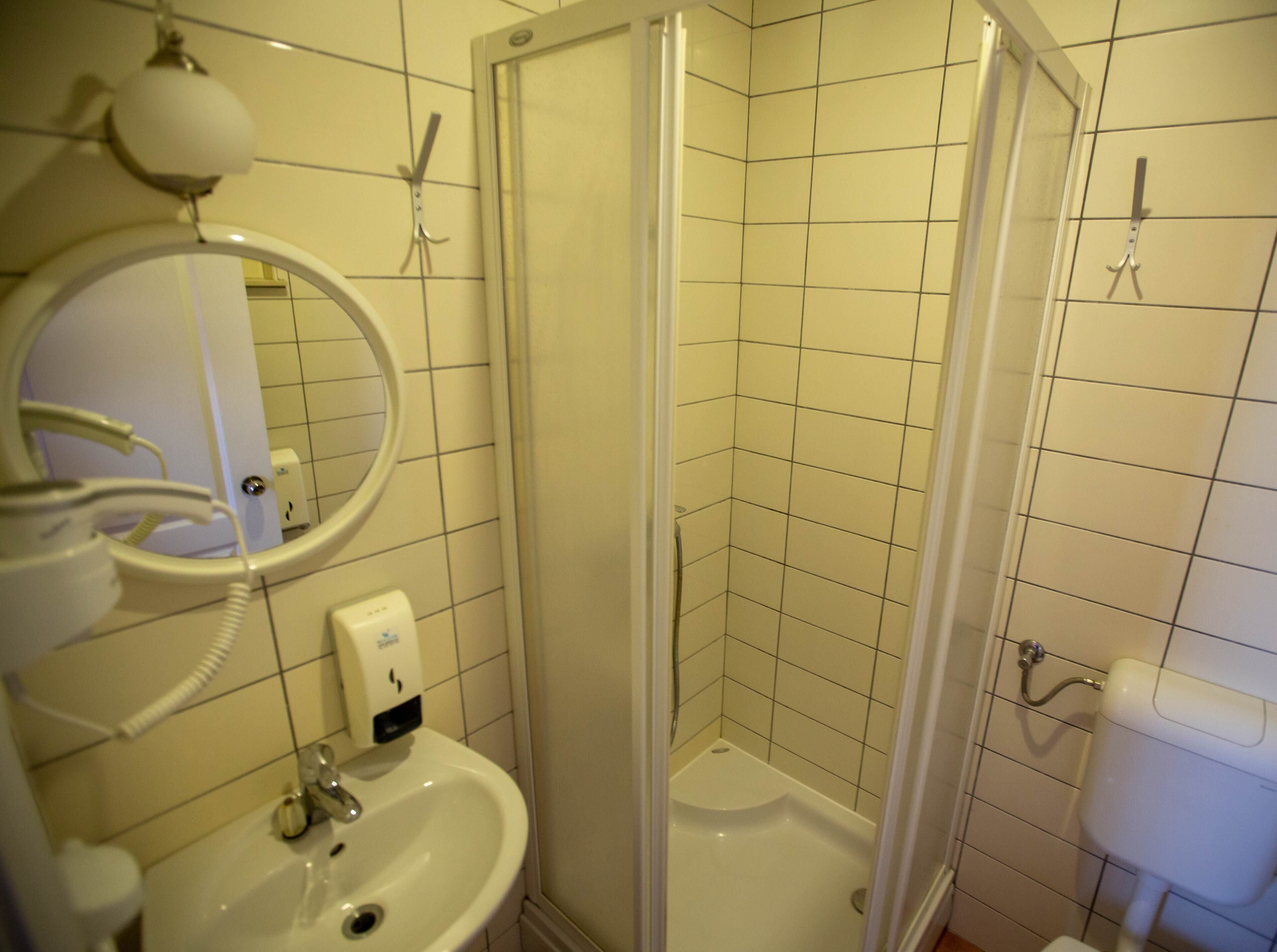 A bathroom with a sink, mirror, and a shower enclosure.