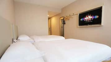 Habitación de hotel con una cama, un televisor en la pared y un espejo.