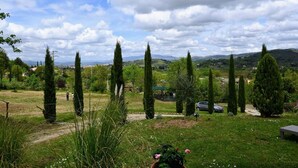 A garden with tall cypress trees, a grassy area, and a distant view of hills and buildings. - TUSCANY DETACHED HOUSE INCREDIBLE PANORAMA, LARGE GARDEN 5 MIN FROM AREZZO (Toscana)