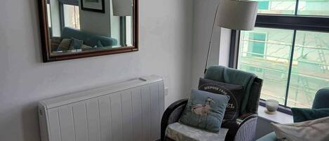 A room with a white radiator, a wicker chair with cushions, a mirror, and a window with a view of buildings.
