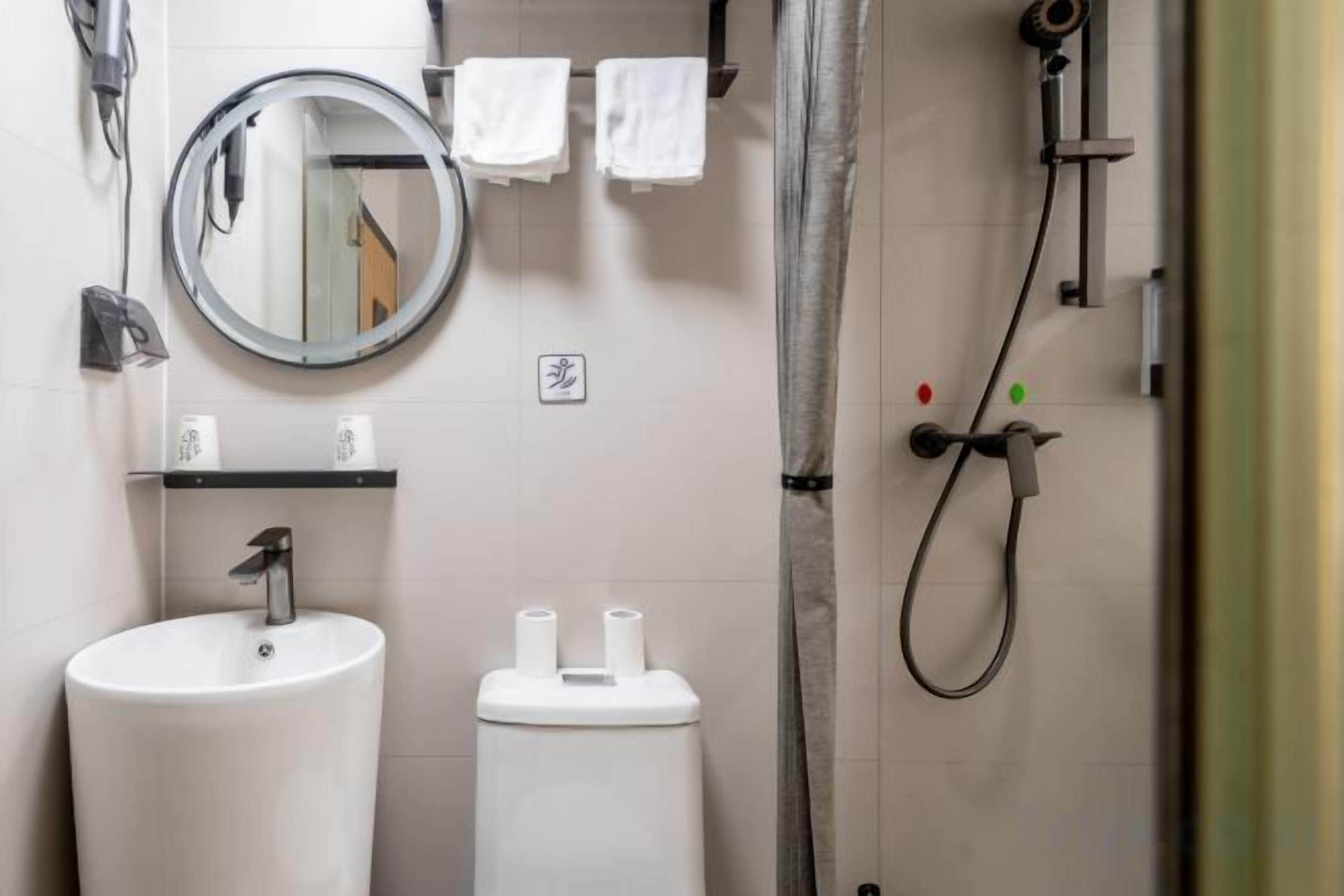 A bathroom with a sink, toilet, mirror, and shower.