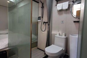 A modern bathroom with a glass shower enclosure, a toilet, and a sink.