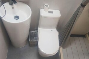 A bathroom with a white sink, toilet, and a trash bin.