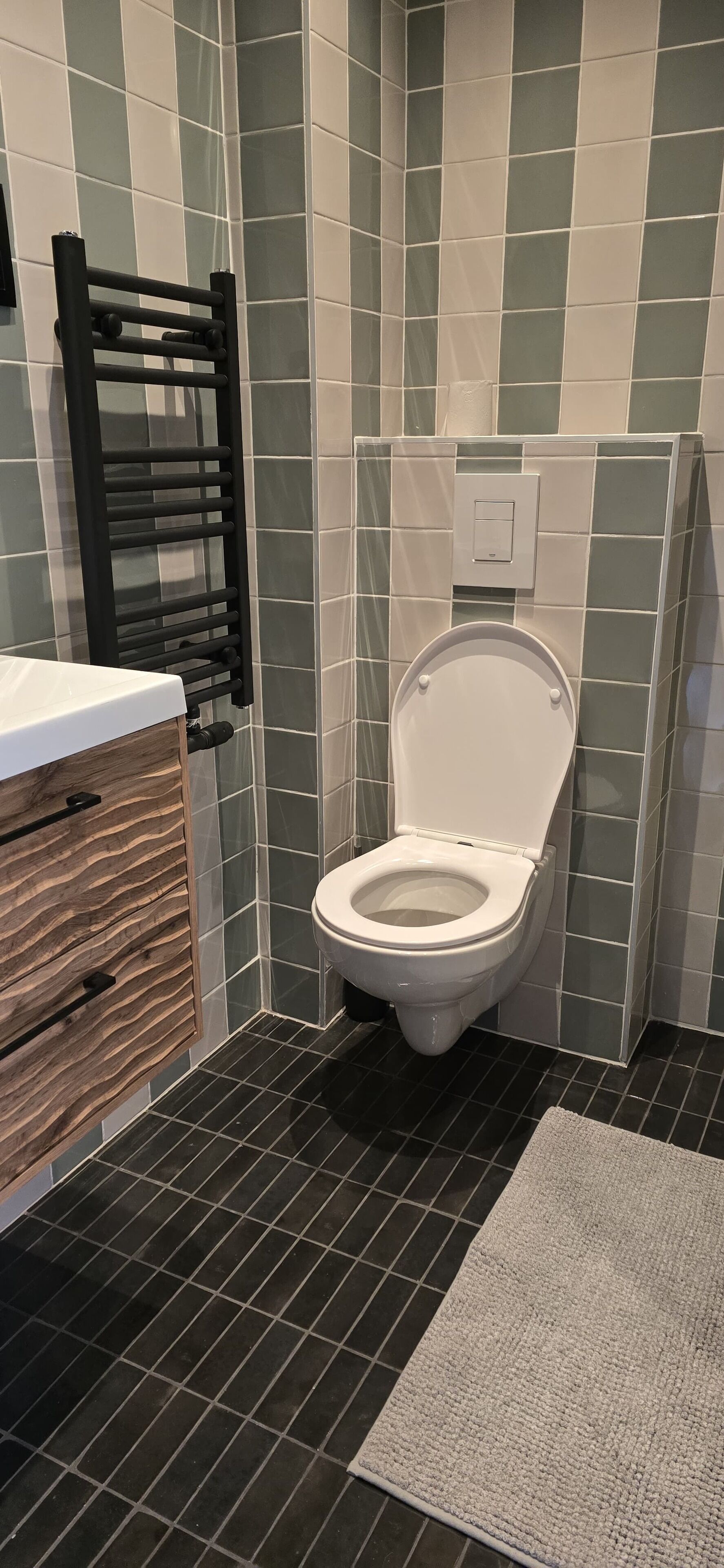Une salle de bain moderne équipée de toilettes, d’un porte-serviettes et d’un meuble en bois.