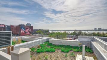 A rooftop garden with green plants, a flag, and a view of a cityscape and water body.
