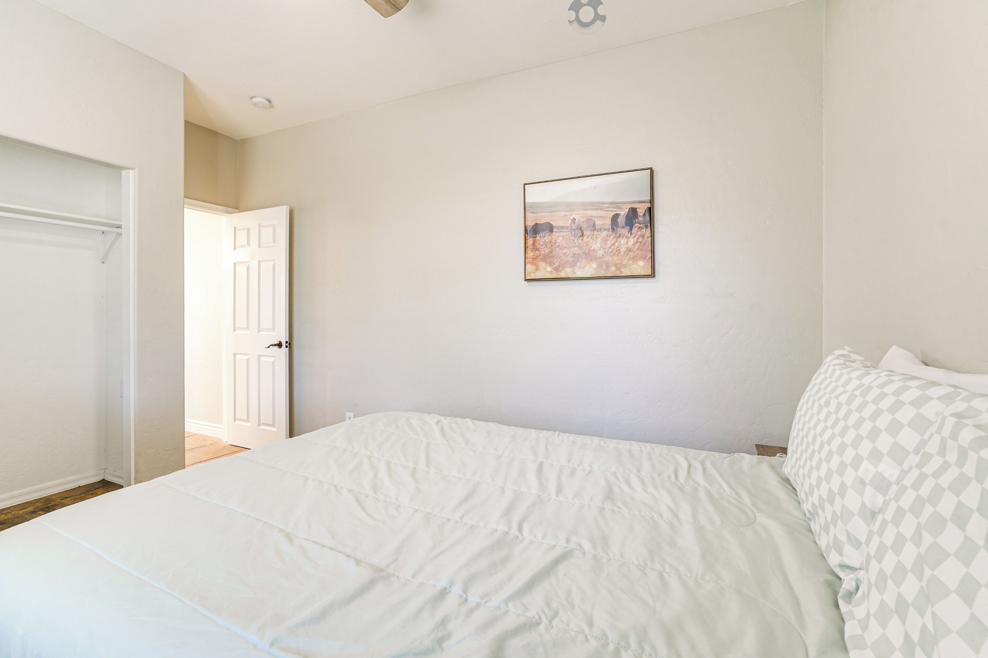 A bedroom with a bed, a door, and a wall-mounted picture.