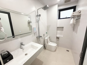 Standaard tweepersoonskamer, voor 1 persoon, uitzicht op de stad | Badkamer | Designer toiletartikelen, een haardroger, pantoffels, een bidet