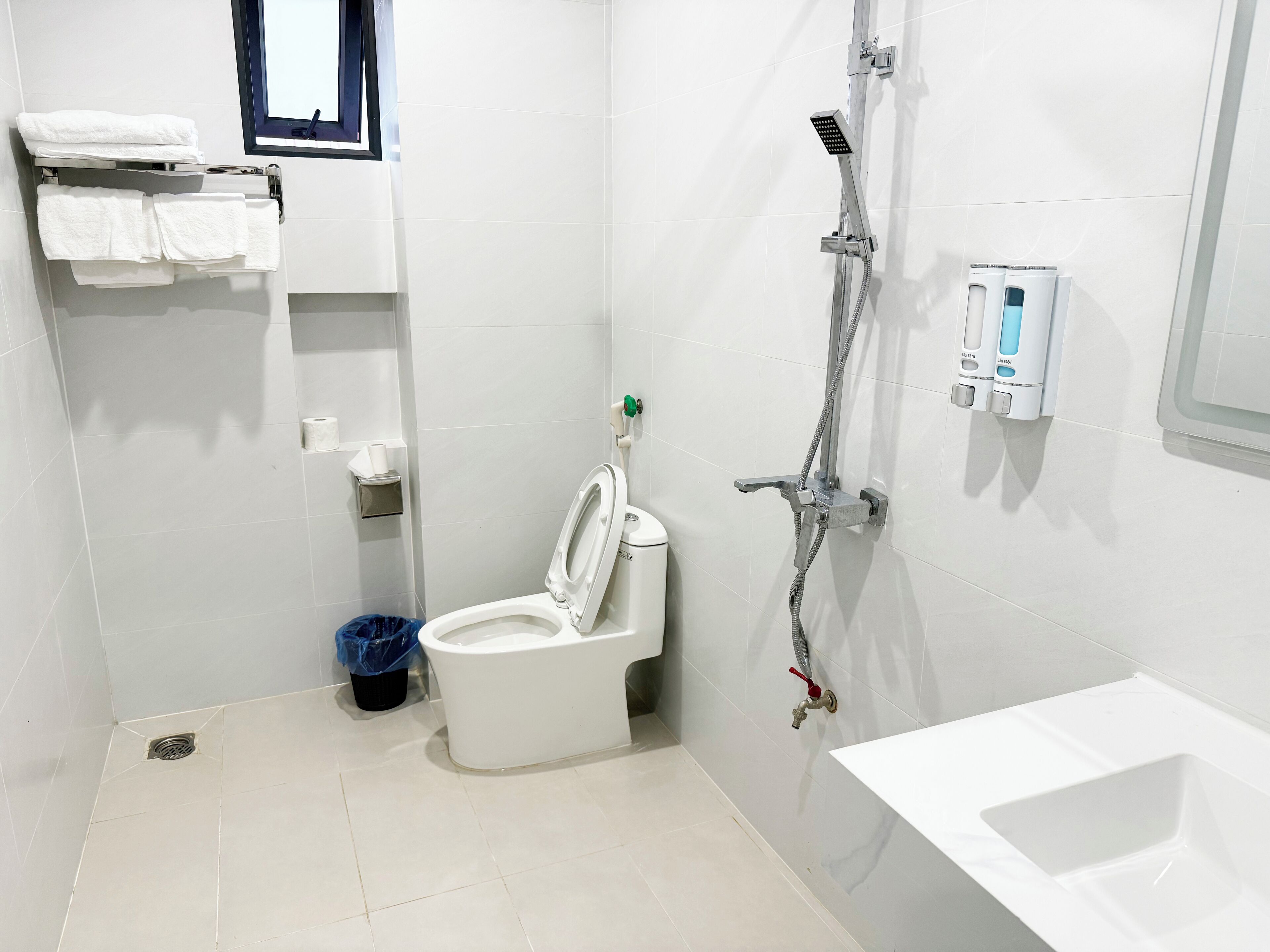 Een moderne badkamer met toilet, douche en wastafel.