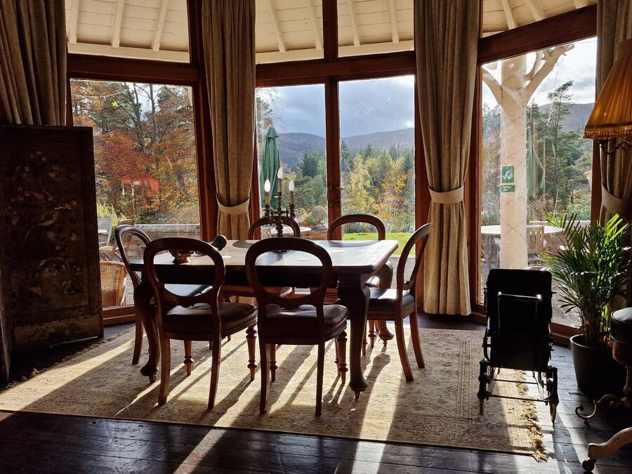 A dining area with a table and chairs, large windows with curtains, and a view of trees and mountains.