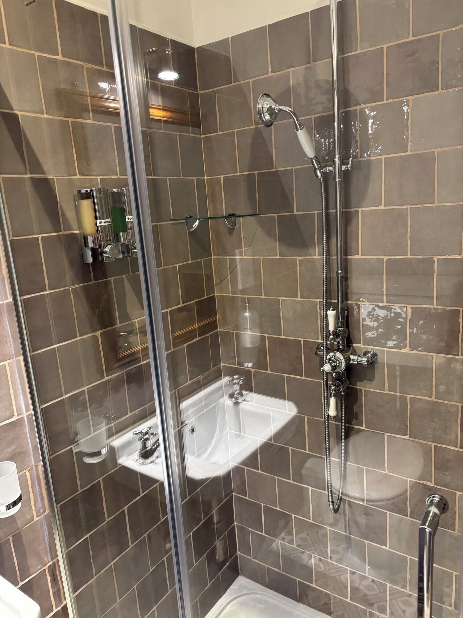 A shower area with a glass door, a sink, and a handheld showerhead.