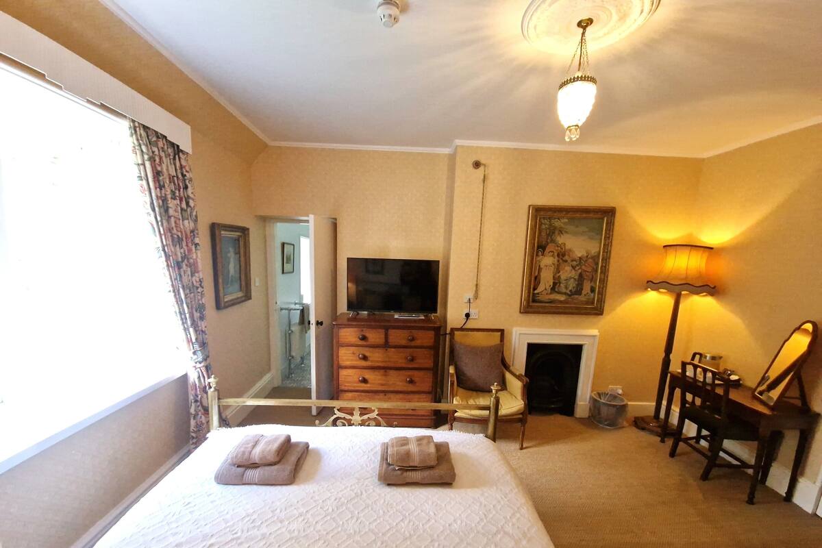 A hotel room with a bed, a television, a fireplace, a desk with a lamp, and a chair.