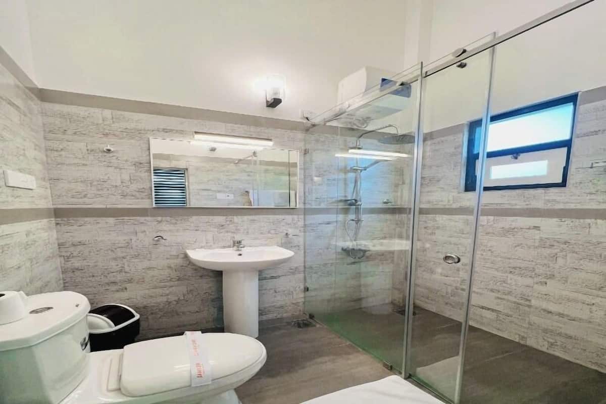 Un baño moderno con ducha de vidrio, lavamanos blanco y un inodoro.