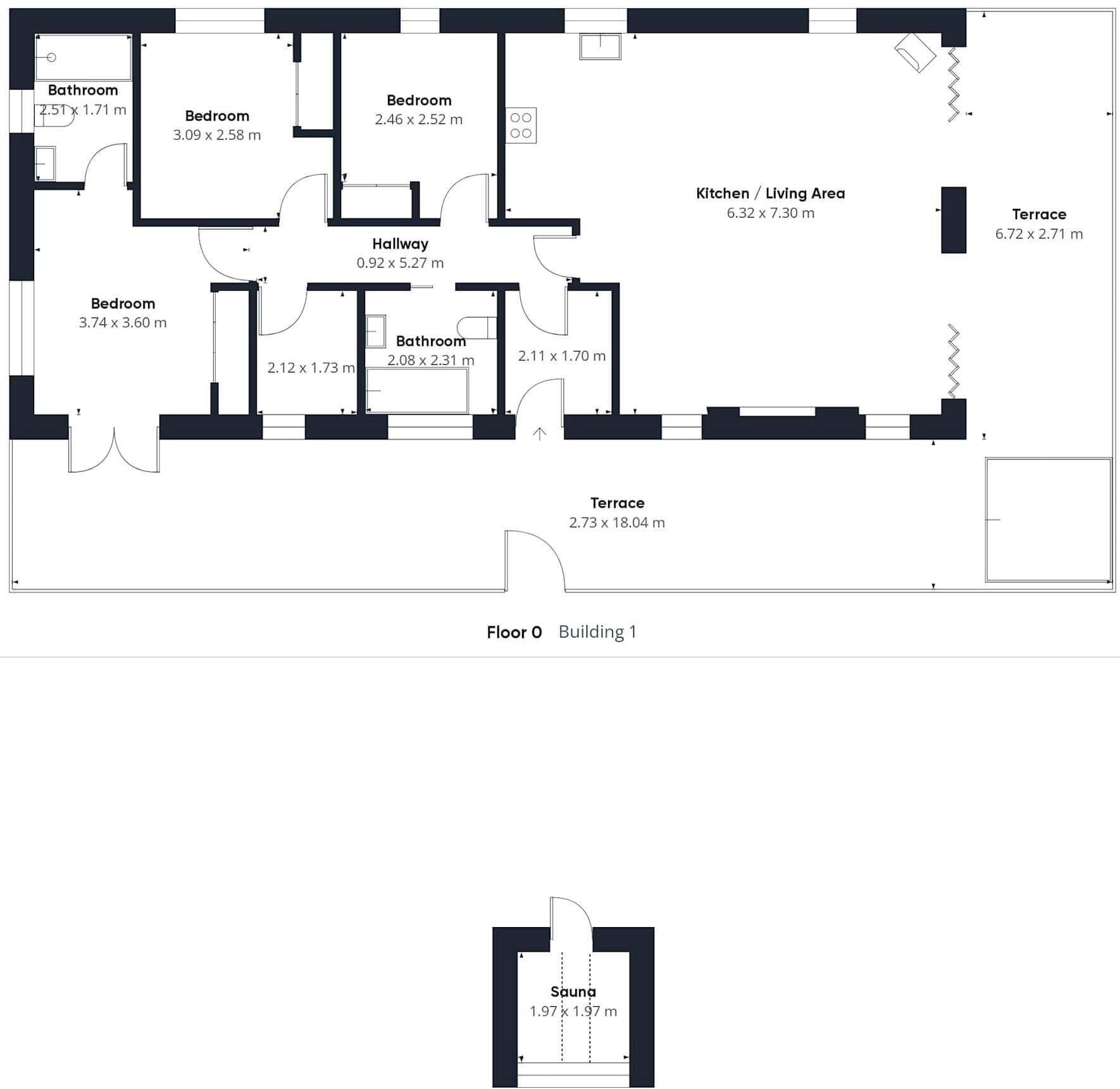 Plano de planta de un edificio con dos dormitorios, dos baños, cocina, sala de estar, pasillo y terraza.