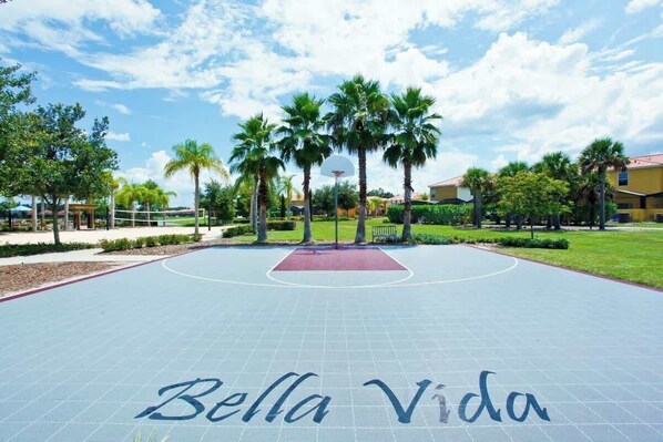 An outdoor basketball court with 'Bella Vida' written on the ground, surrounded by palm trees and a clear sky.
