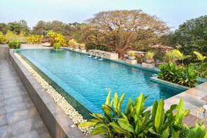 A rectangular swimming pool with a tiled edge, surrounded by a variety of plants and trees. - El Arbol - 08 in Nerul (Verem)