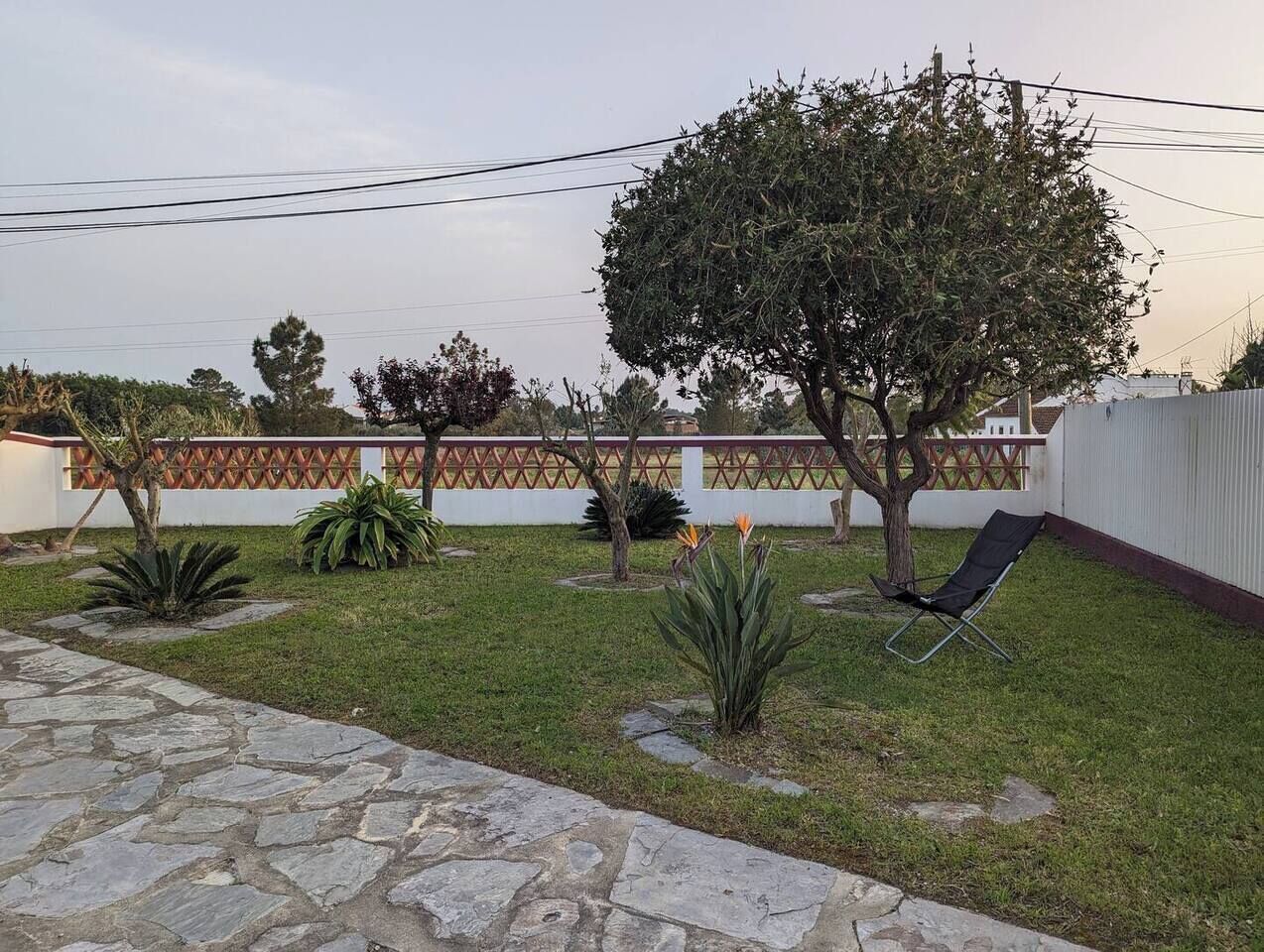 Un jardin avec un chemin de pierres, une pelouse, un arbre et une chaise.