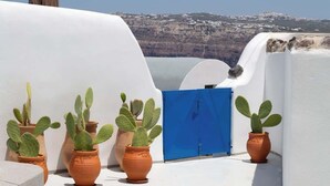 A rooftop terrace with white walls, a blue gate, and potted cacti. - Orasis House – Santorini Retreat w/ Pool & Views (Akrotiri)