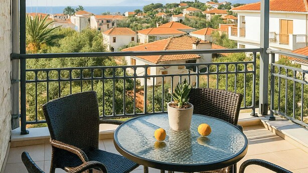 A balcony with wicker chairs, a round table with a potted plant, and a view of a coastal town.