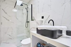 Shower, hair dryer, shampoo