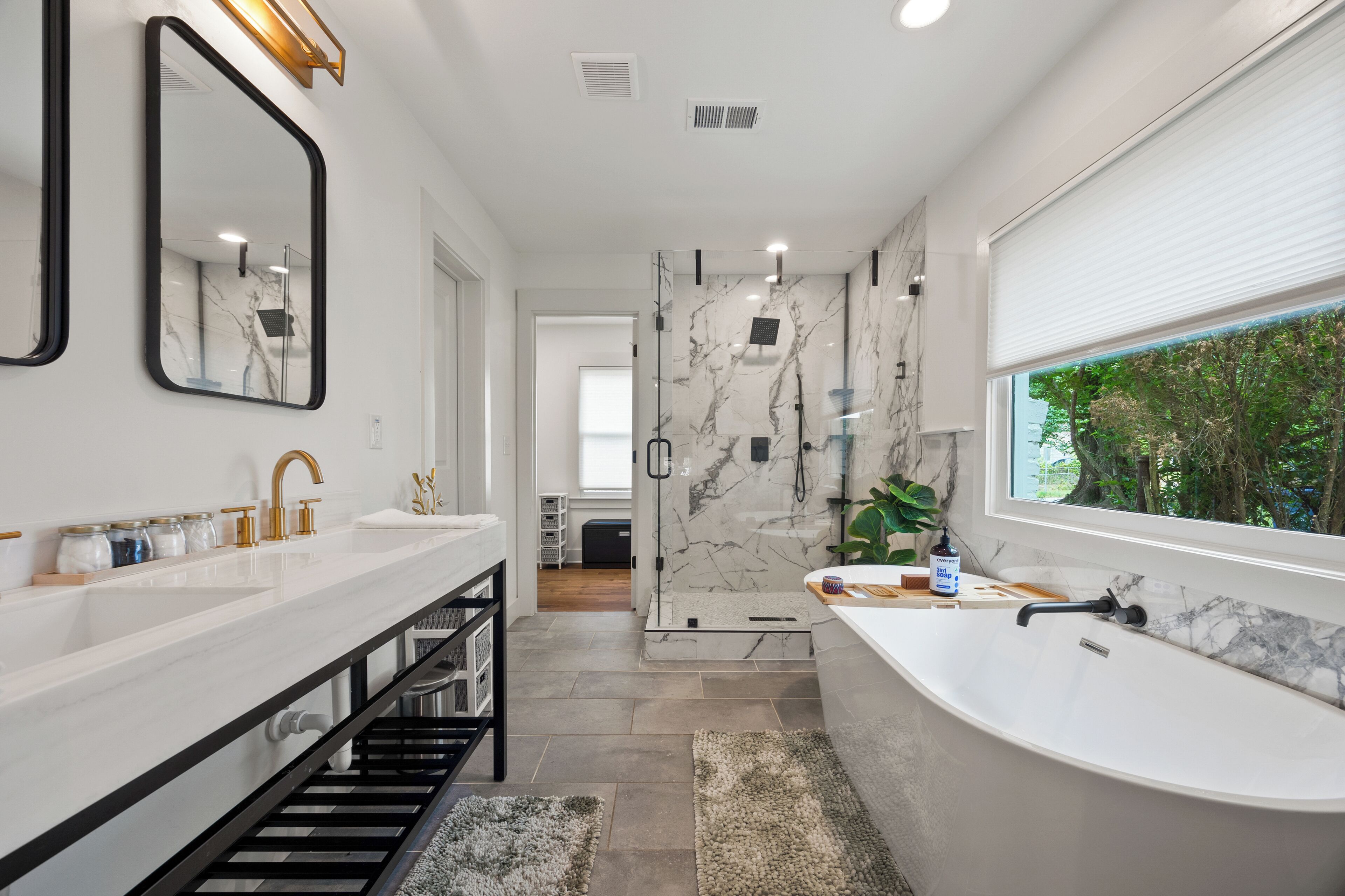 Hair dryer, towels, soap, shampoo