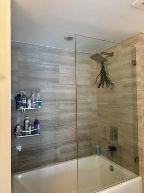 Hair dryer, towels, soap, toilet paper