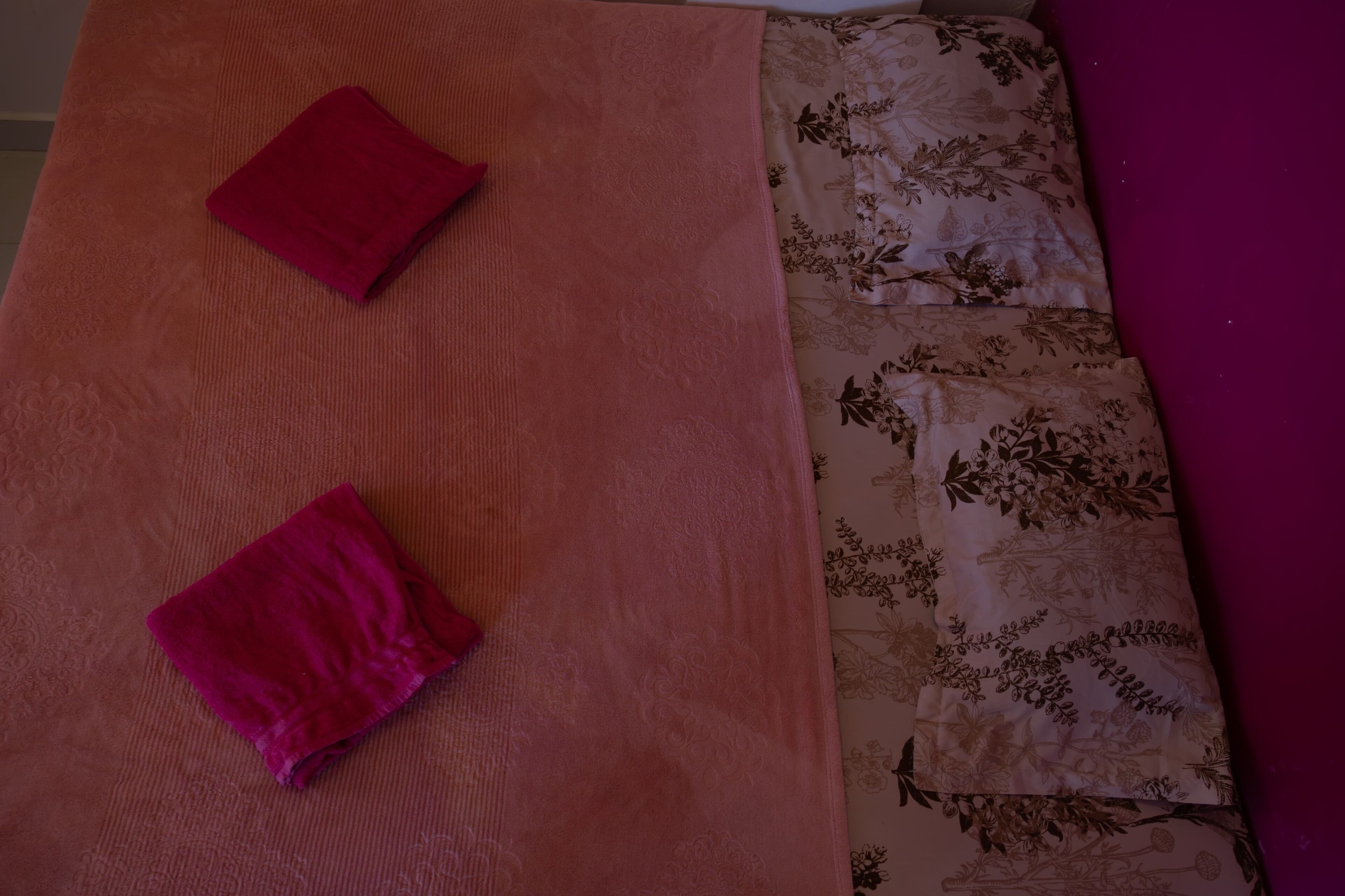 A bed with a pink blanket and two folded towels.