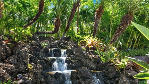 A natural rock formation with a cascading waterfall surrounded by lush greenery.