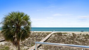A beach with a palm tree, a wooden boardwalk, and the ocean. - Clementine: 7 Bedrooms, Beachfront in Mexico Beach, Private Pool, Game Room (Mexico Beach)