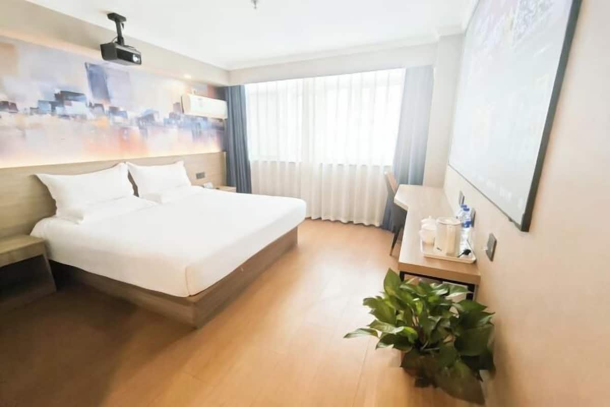 A hotel room with a bed, a bedside table with a lamp, a plant, and a window with curtains.