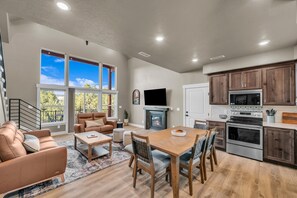 Smart TV, fireplace, books