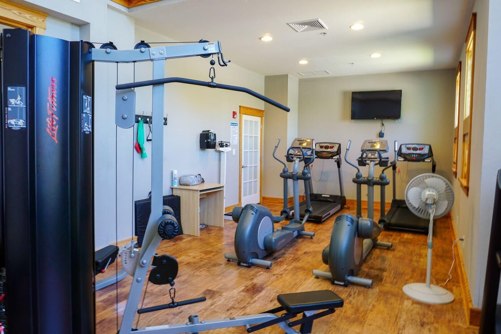 A gym with exercise equipment, treadmills, and a fan.