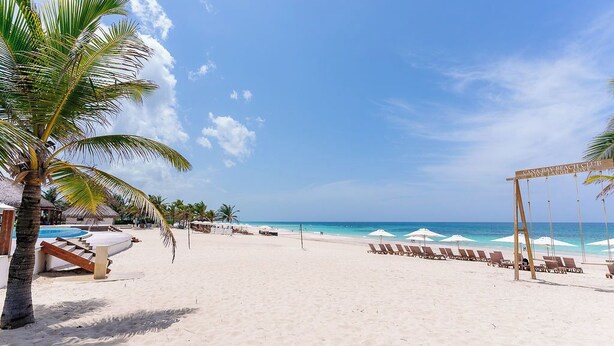 Une plage avec une piscine, des chaises longues et des parasols.