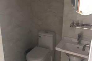 Une petite salle de bain compacte, équipée de toilettes, d’un lavabo et d’un miroir.