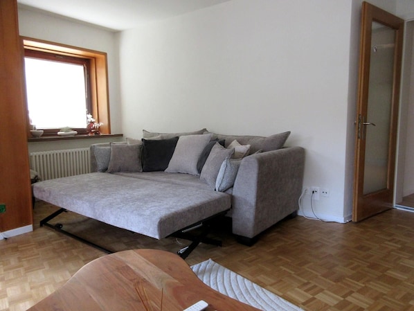 A room with a grey sofa bed, a wooden coffee table, a radiator, and a window with curtains.