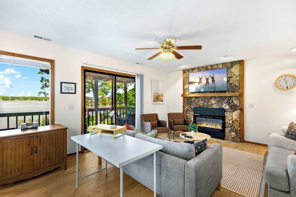 House, Multiple Beds, Patio (Sunset Escape) | Living area | 42-inch flat-screen TV with digital channels, fireplace - Sunset Escape - Fit For 8 (Gravois Mills)