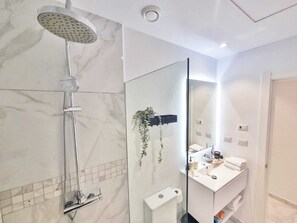 Shower, hair dryer, shampoo