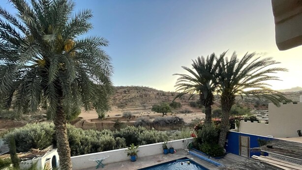 A pool area with a view of a hilly landscape, surrounded by palm trees and a white wall.